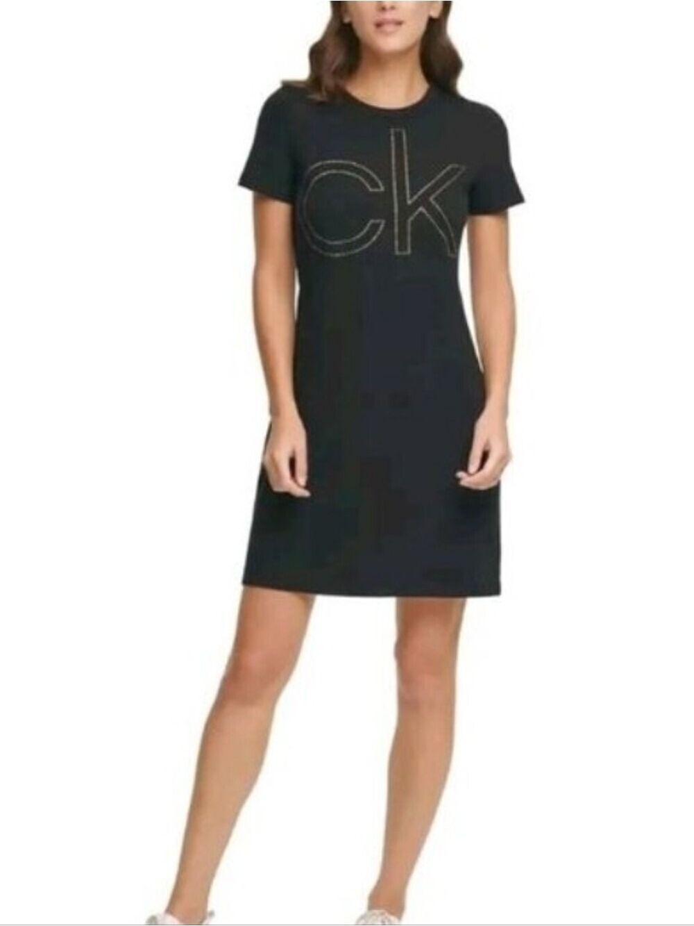Calvin Klein CK Petite Short Sleeve Emerald Green Rhinestone Logo T-Shirt Dress